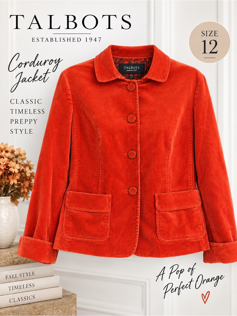 Talbots Women’s Size 12 True Orange Corduroy Jacket Blazer Button Front